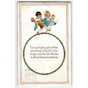 Christmas Postcard Dancing and Laughing Girls & Boys Embossed Series 124 Vintage